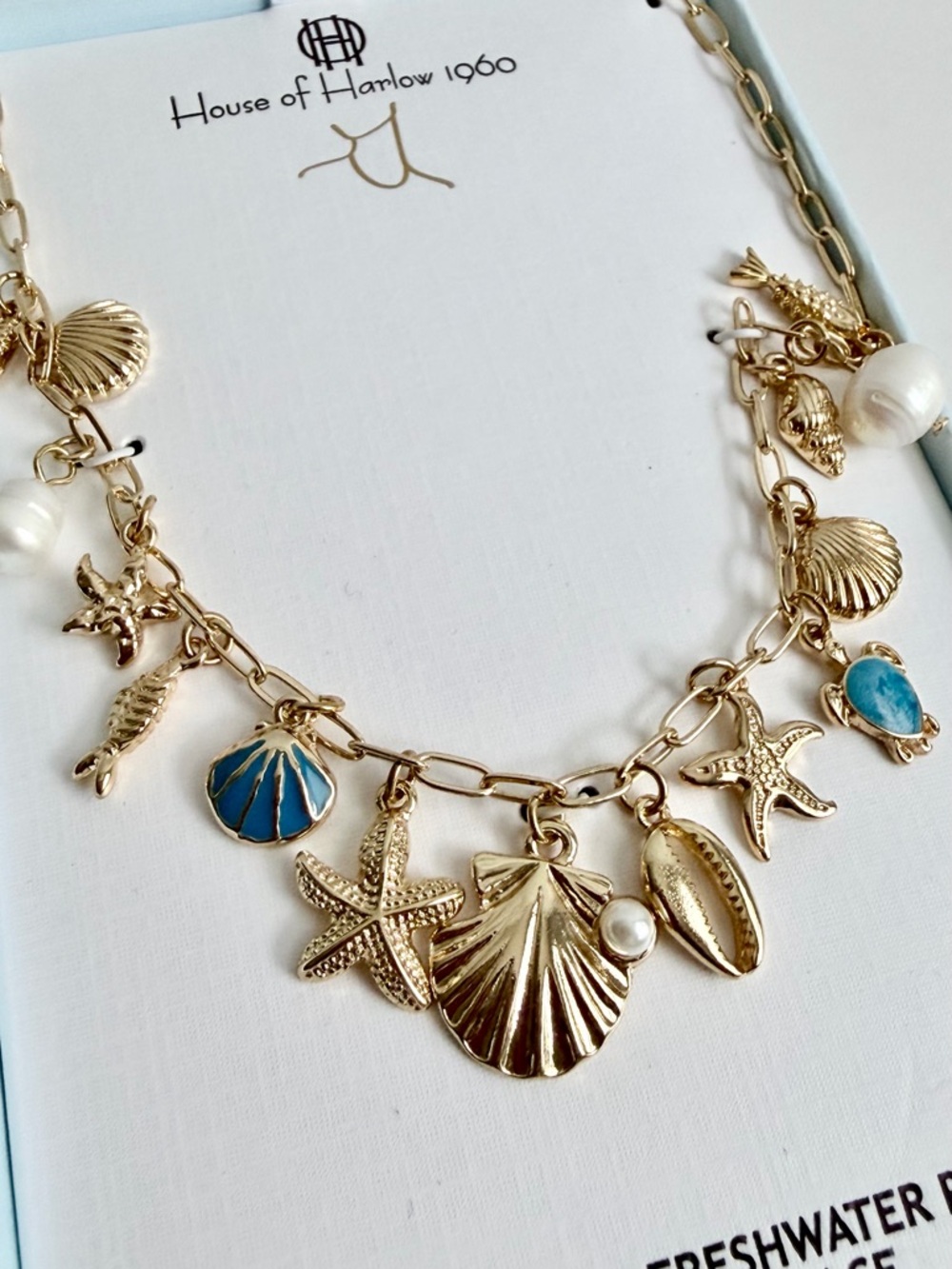 NIB House of Harlow 1960 Gold tone Necklace, Glass & Freshwater Pearl, Turtle,